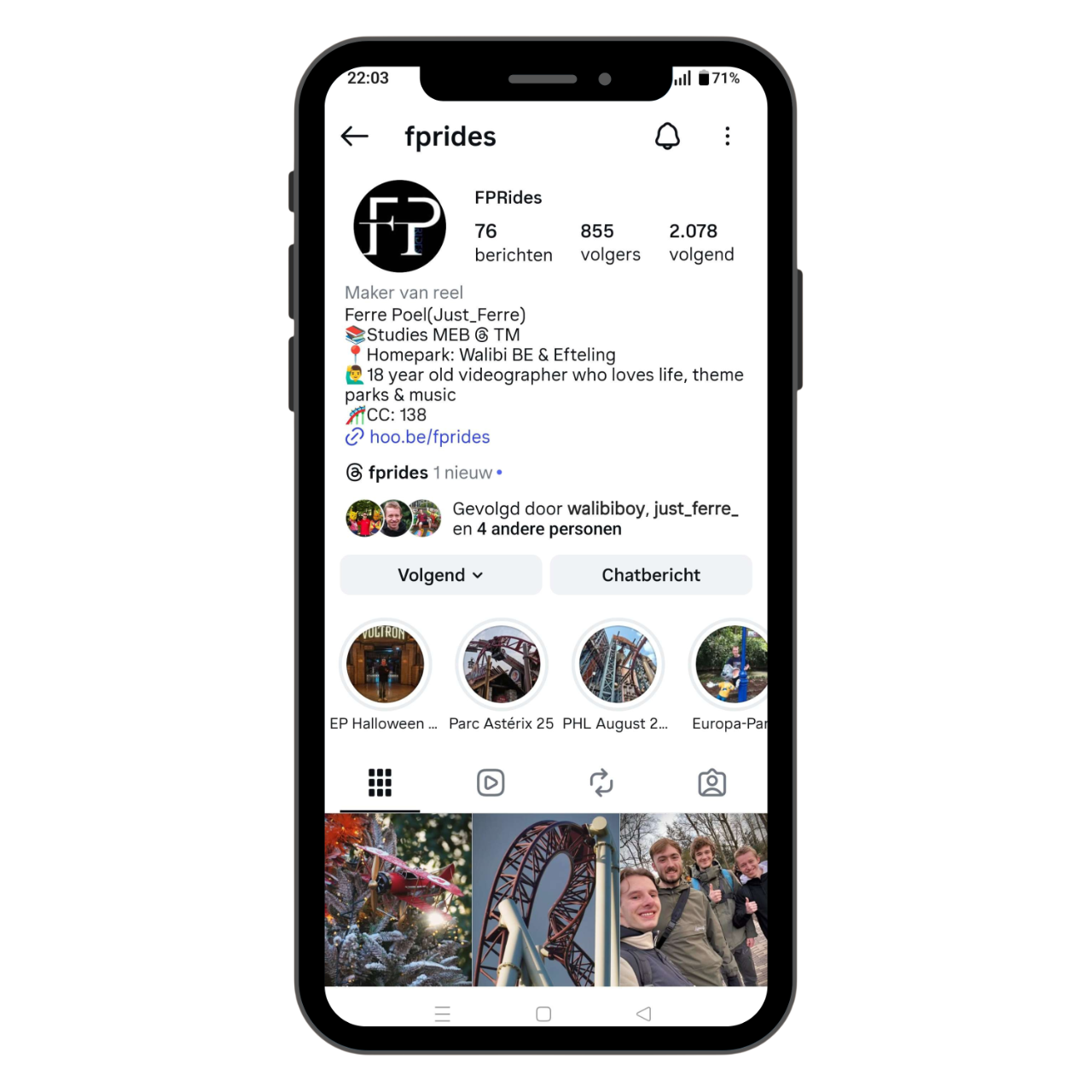 Screenshot of a Facebook profile page for 'fprides,' a young videographer and theme park enthusiast, showing profile details, recent stories, and photos of amusement park rides and friends.