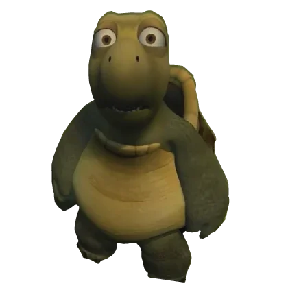 Animated dinosaur with a friendly expression, standing on two legs, holding its chin with one hand.