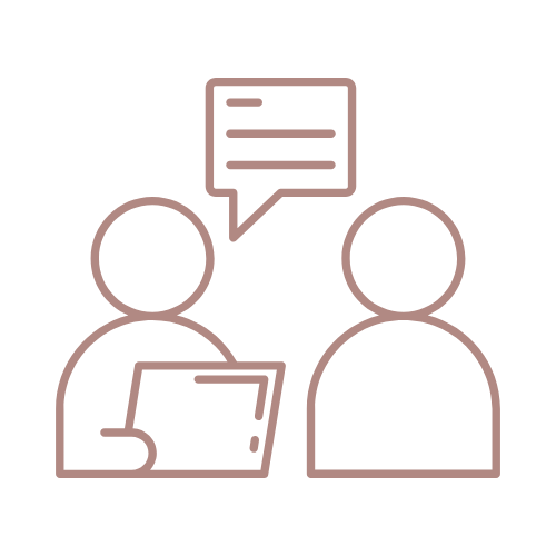 Outline illustration of two people engaged in conversation, with one holding a tablet and a speech bubble above them.