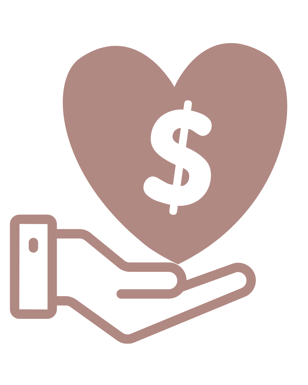 Outline of a hand holding a heart with a dollar sign in the center, all in muted tones.