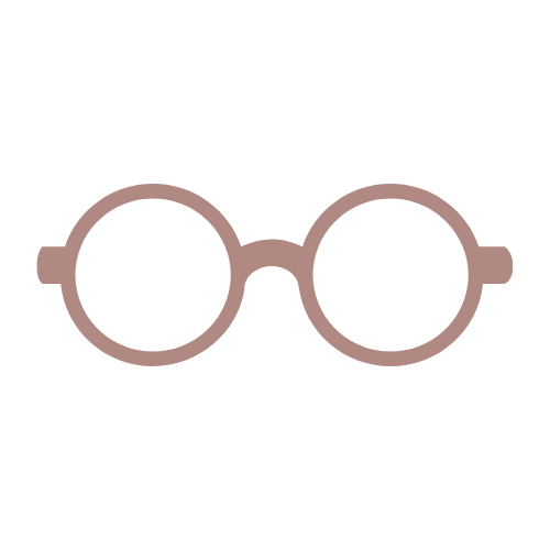 A simple graphic of round glasses with a thin pink frame on a black background.