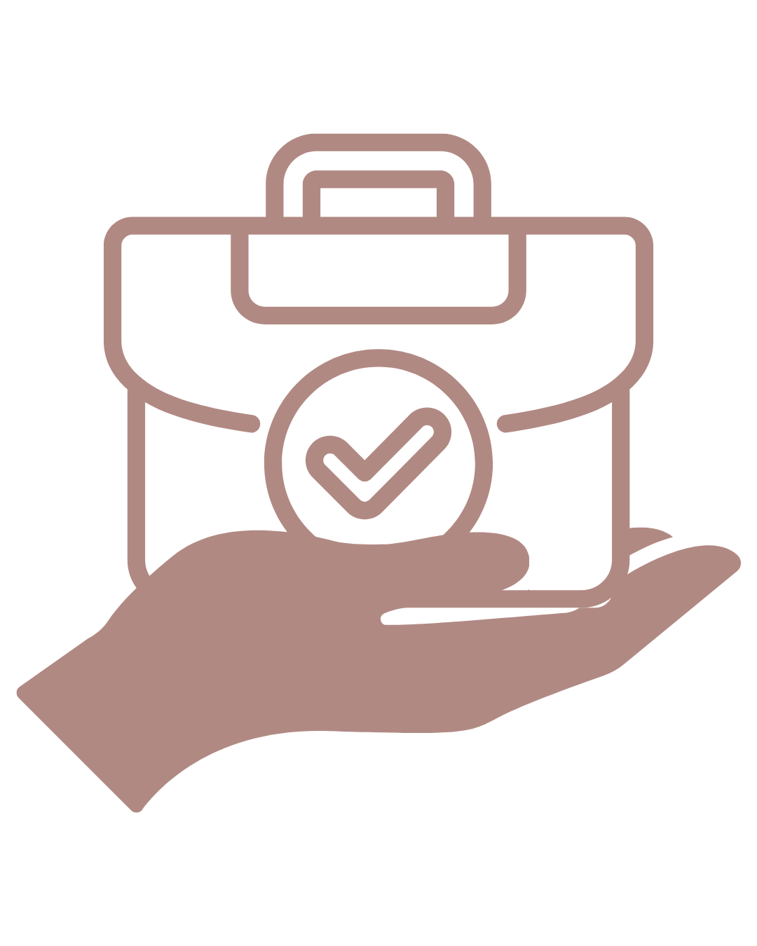 Outline drawing of a hand holding a briefcase with a checkmark symbol.