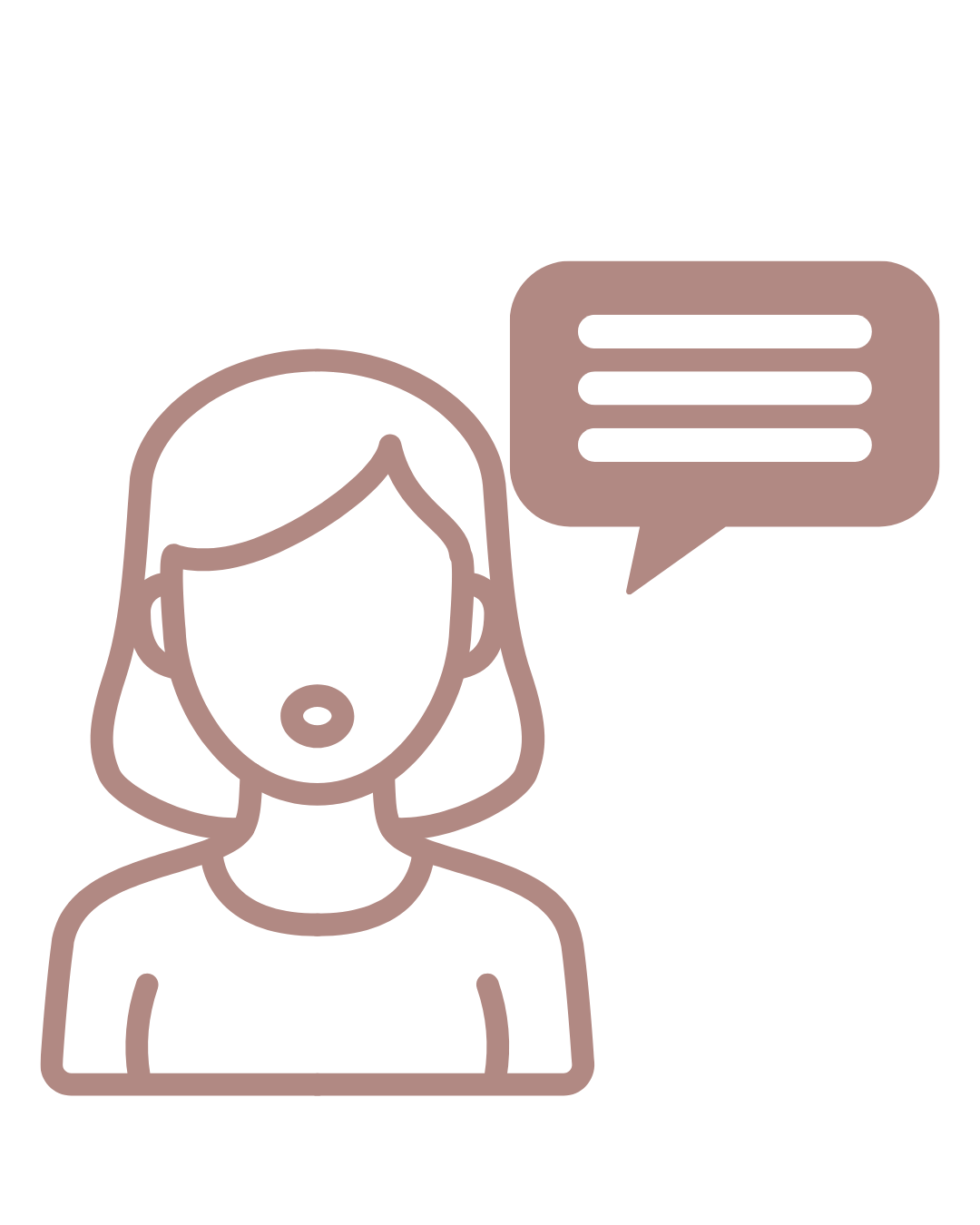 Line drawing of a woman with speech bubble.