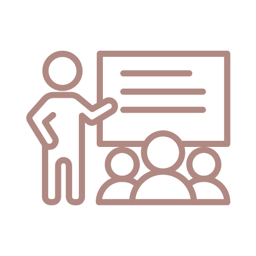 Icon of a person giving a presentation to a group of three people, with a board or screen behind them.