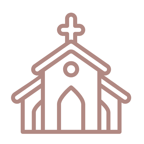 Line drawing of a church with a cross on top.