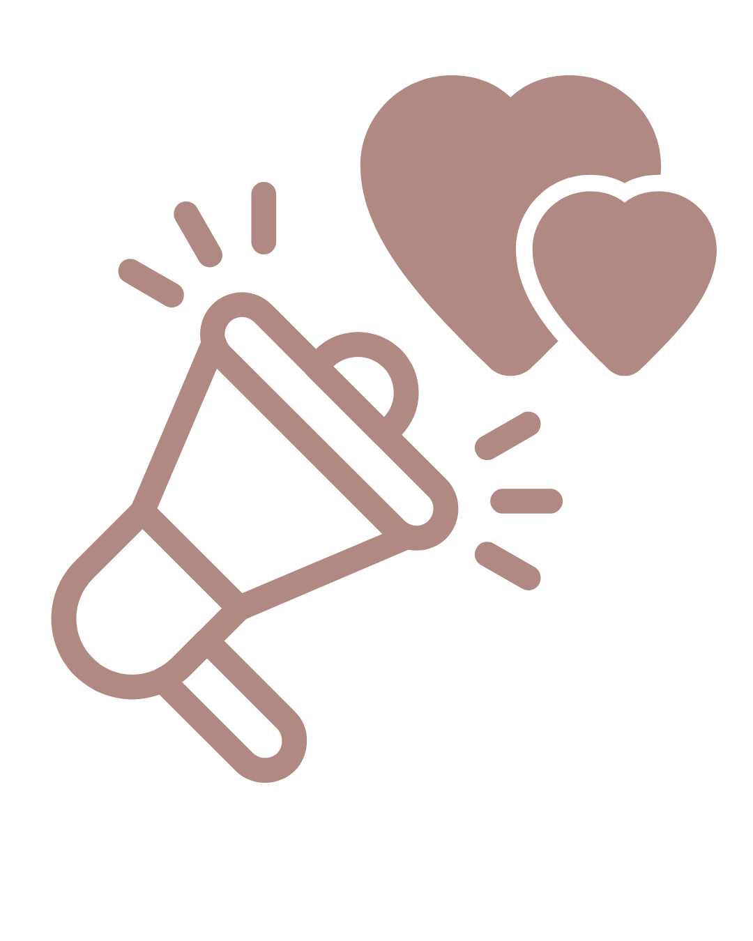 Outline illustration of a party horn and two overlapping hearts, one large and one small.