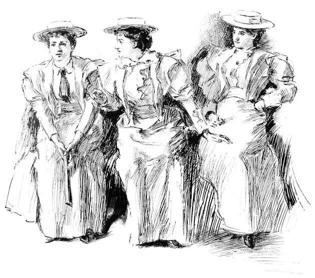 Sketch of three women wearing long skirts, blouses, and wide-brimmed hats, standing together.