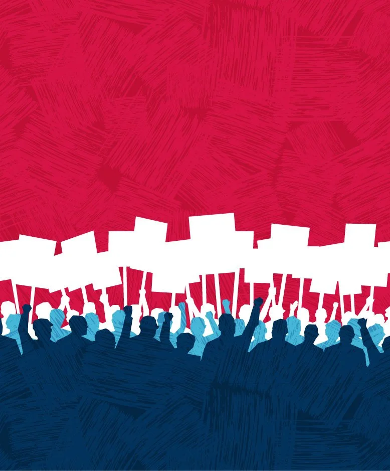 Silhouettes of protesters holding signs and raising fists in red, white, and blue colors, symbolizing a rally or demonstration.