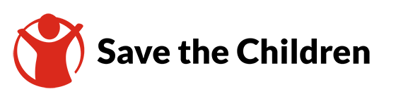 Save the Children logo with red and black design elements.