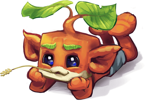 A cute, cartoon-style orange cat lying on its back holding a toy sword, with large blue eyes, green eyebrows, and green leaves growing from its back.