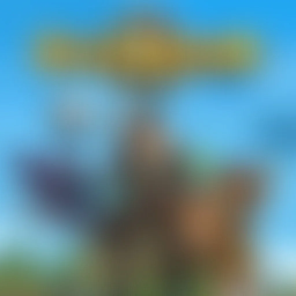 Blurred image with a blue background, featuring various colorful objects and shapes.