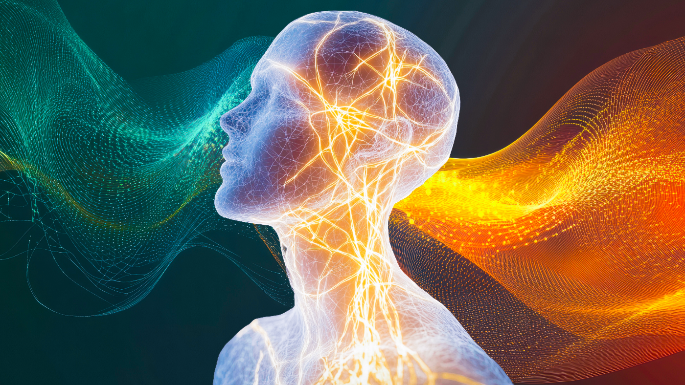 Digital illustration of a human head and neck with glowing neural connections, surrounded by colorful wave-like energy patterns.