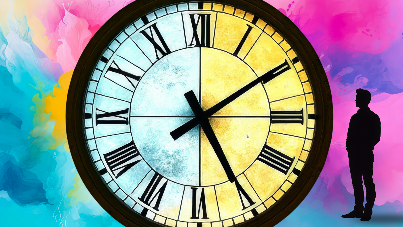 A large, colorful clock with Roman numerals, set against a vibrant background with pink, purple, blue, and yellow hues. A silhouette of a man stands to the right of the clock.