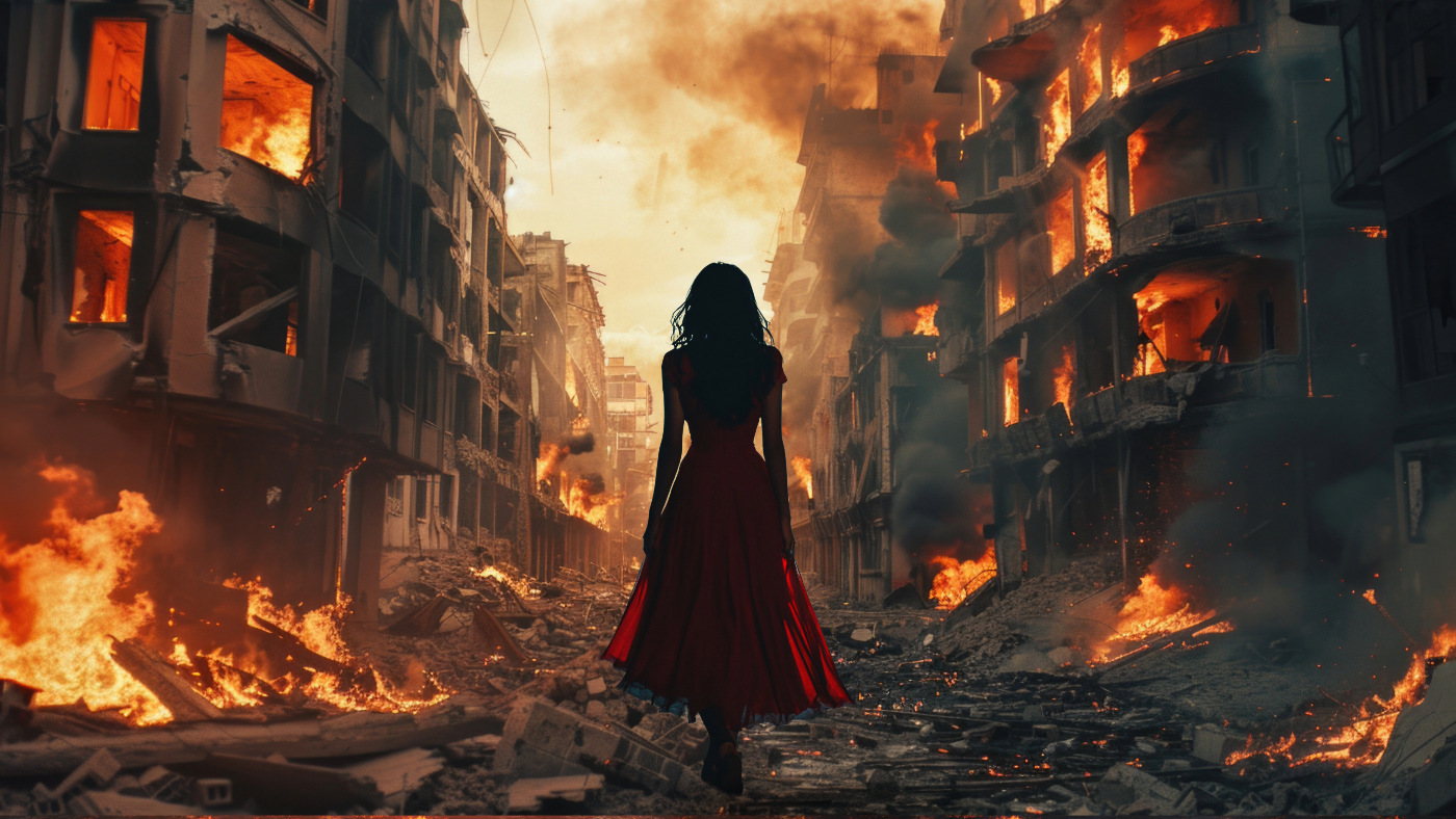 A woman in a red dress walking through a destroyed city street on fire with buildings burning and smoke filling the sky.