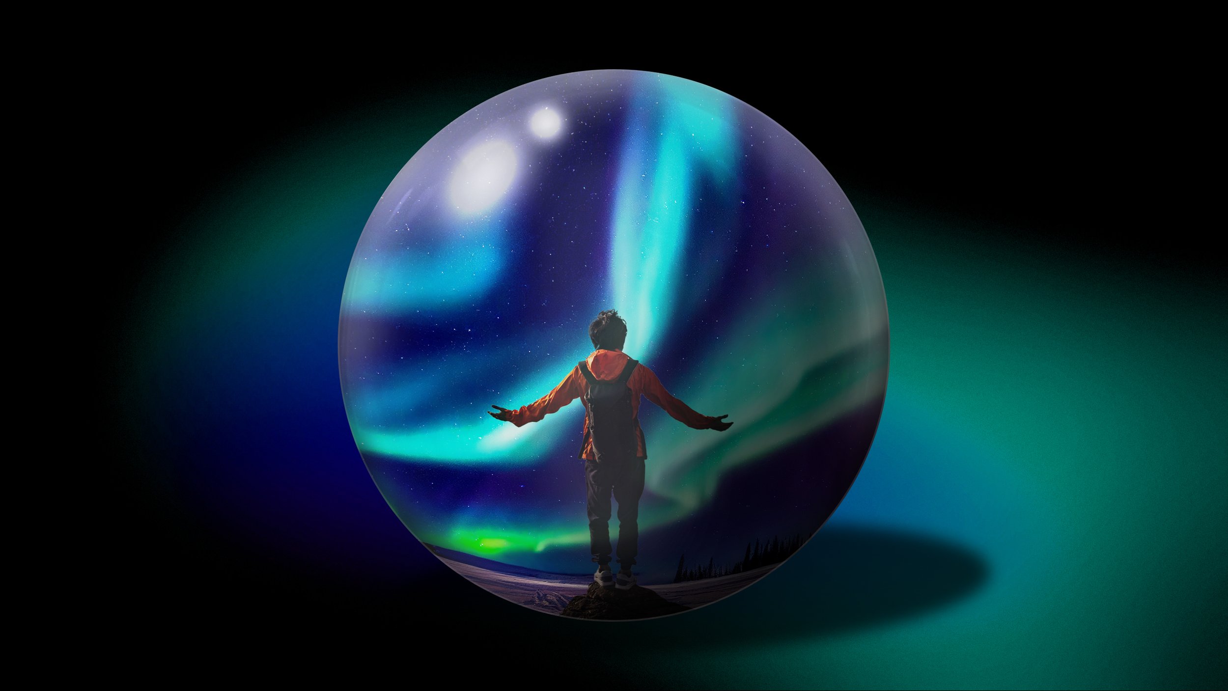 A person standing with arms outstretched inside a glass sphere, overlooking the Northern Lights and starry sky.