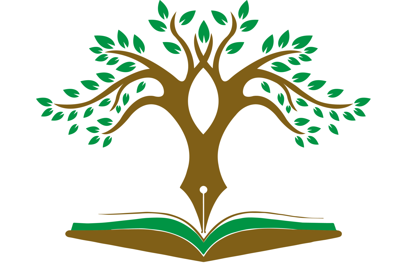 A logo featuring an open book at the bottom, a brown tree growing out of the book with green leaves, arranged in an upward and outward pattern.