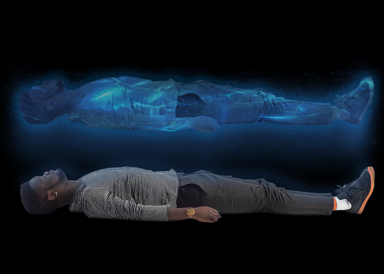 A man lying on his back with a holographic projection of a sleeping human figure above him.