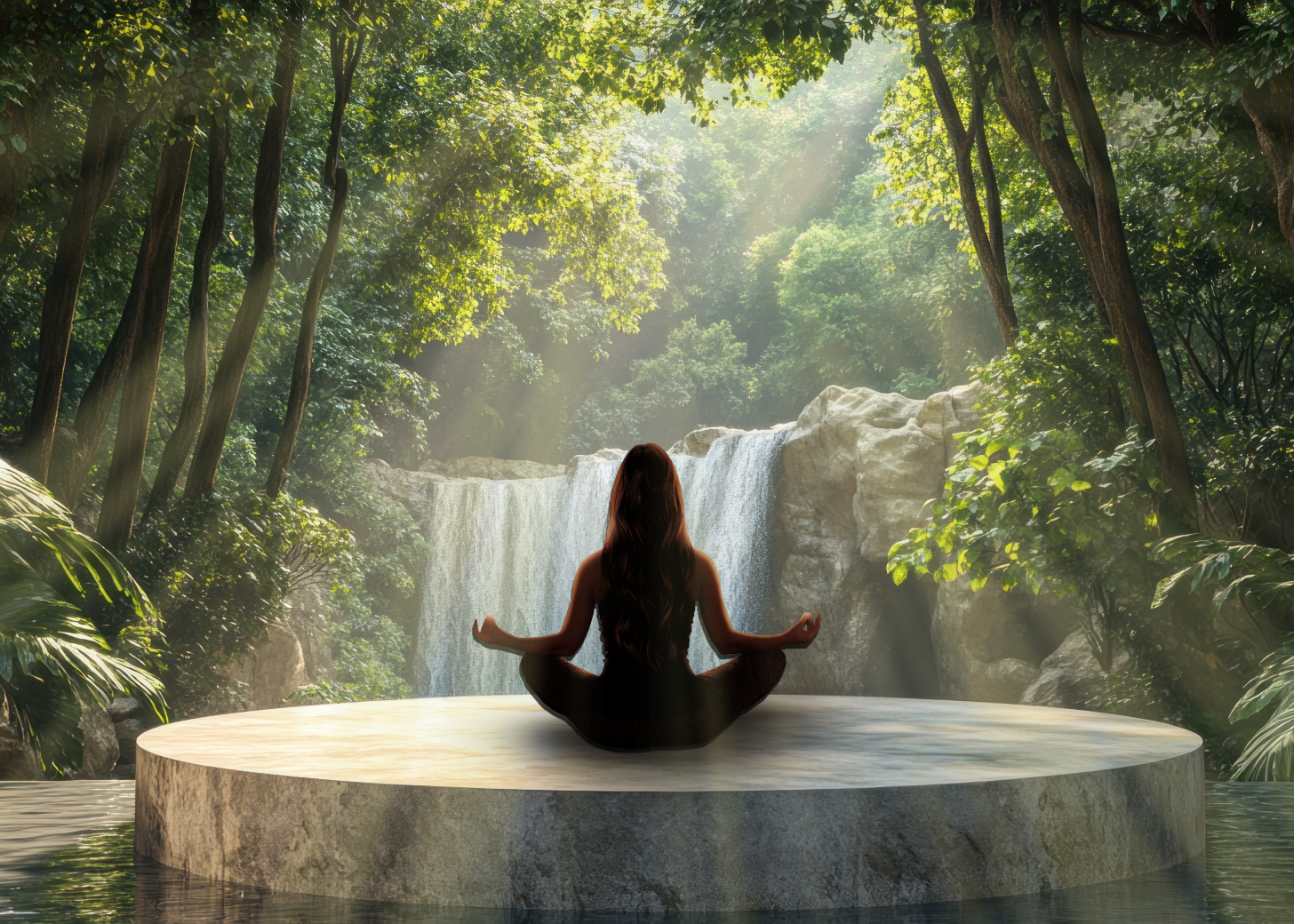 A woman with long hair meditating on a circular platform in a lush, green forest with a waterfall in the background.
