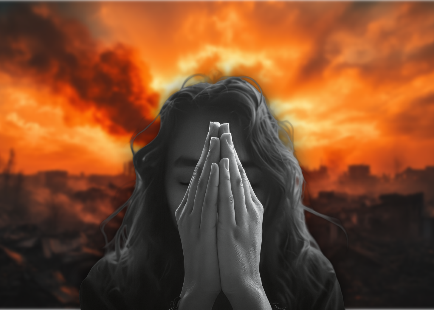 Black and white photo of a woman with eyes closed, hands covering face in prayer or sorrow, against a background of a city skyline with orange and dark clouds, and a large sun in the sky.