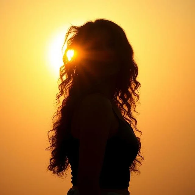 Silhouette of a woman with long curly hair standing against a bright setting sun, creating a halo effect.