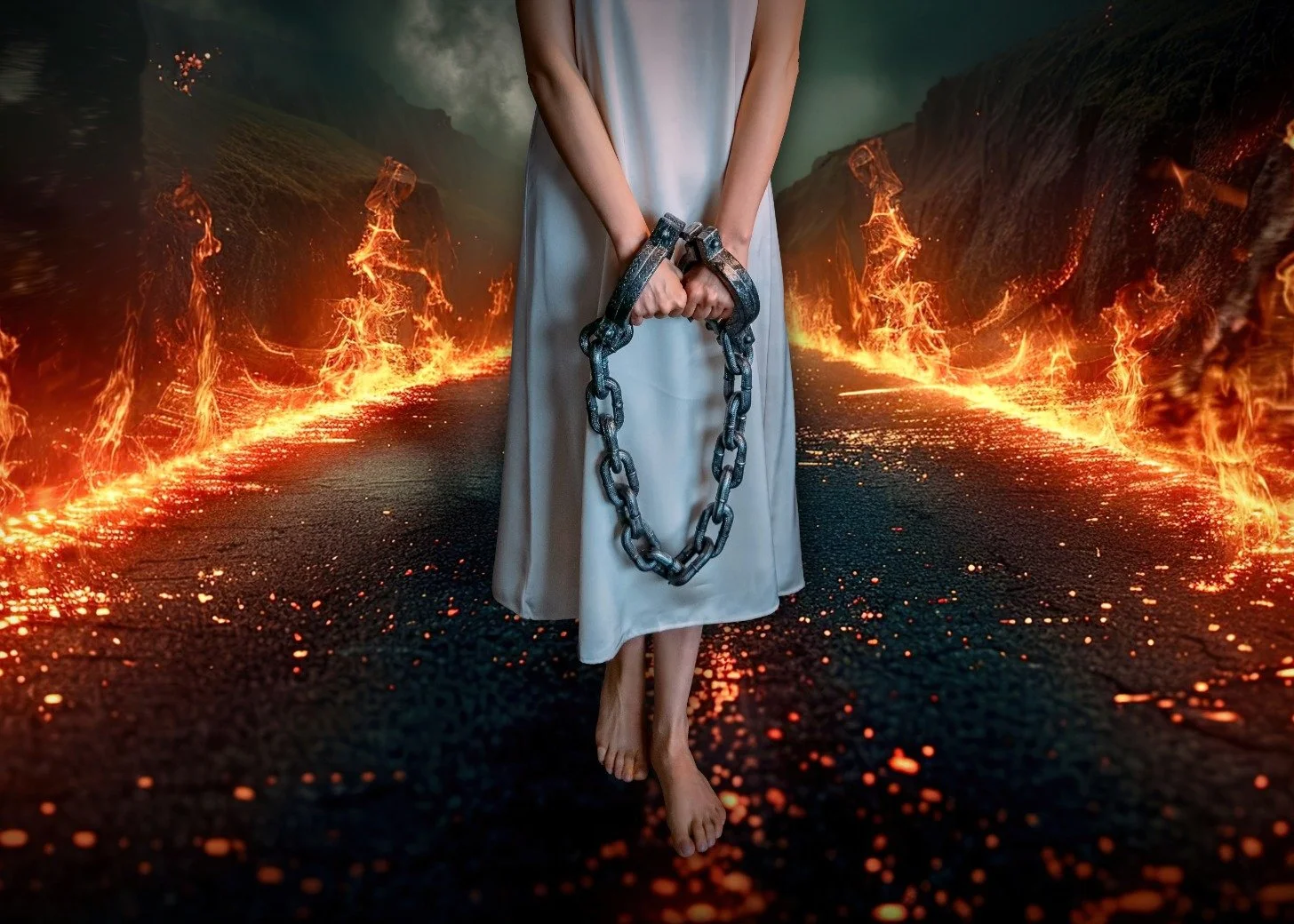 A person in a white dress holding broken chains, standing barefoot on a fiery, volcanic landscape with flowing lava and dark green hills in the background.