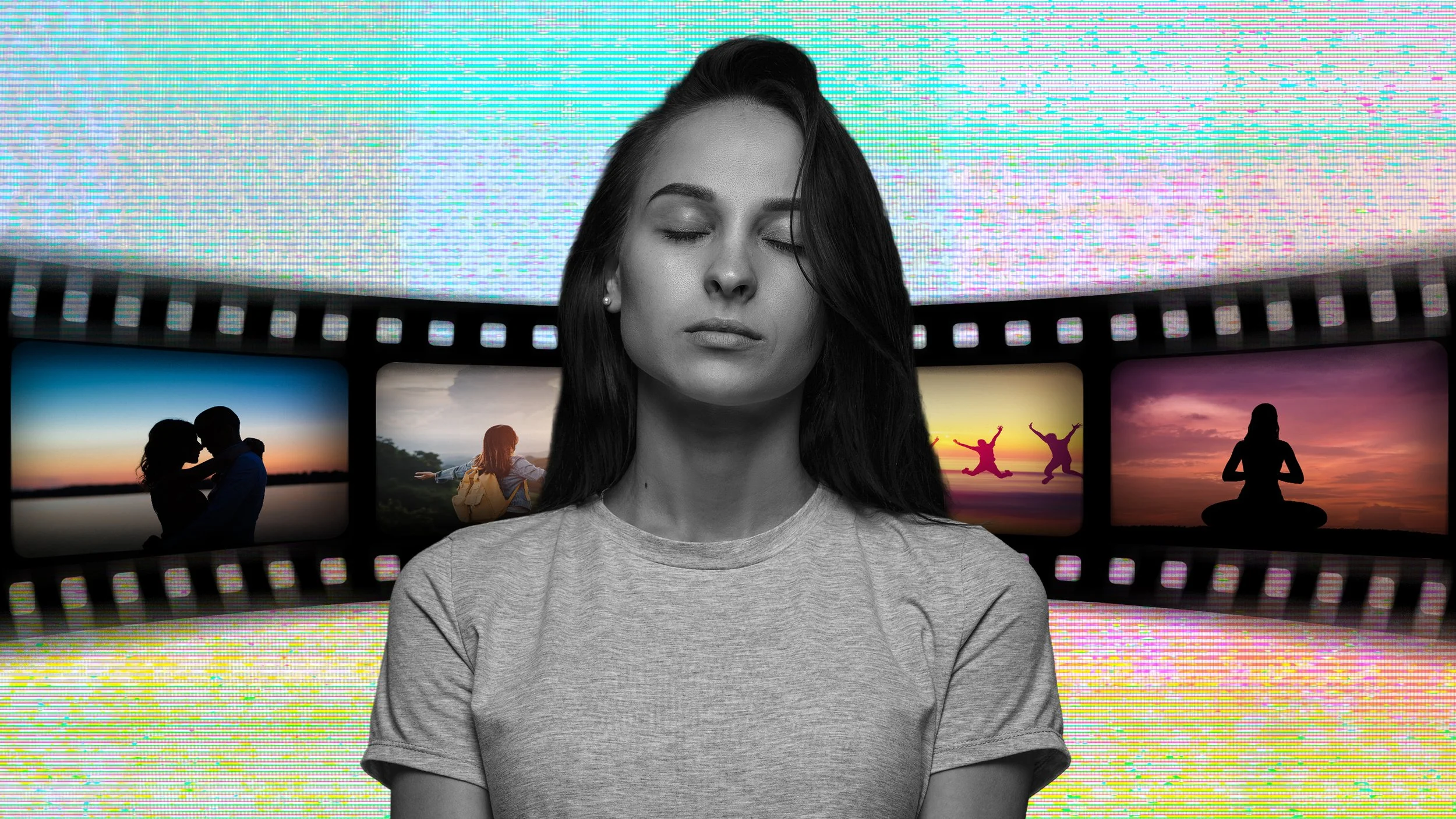 A black and white young woman with closed eyes and long dark hair, standing in front of digital screens showing various sunset and sunrise travel scenes.