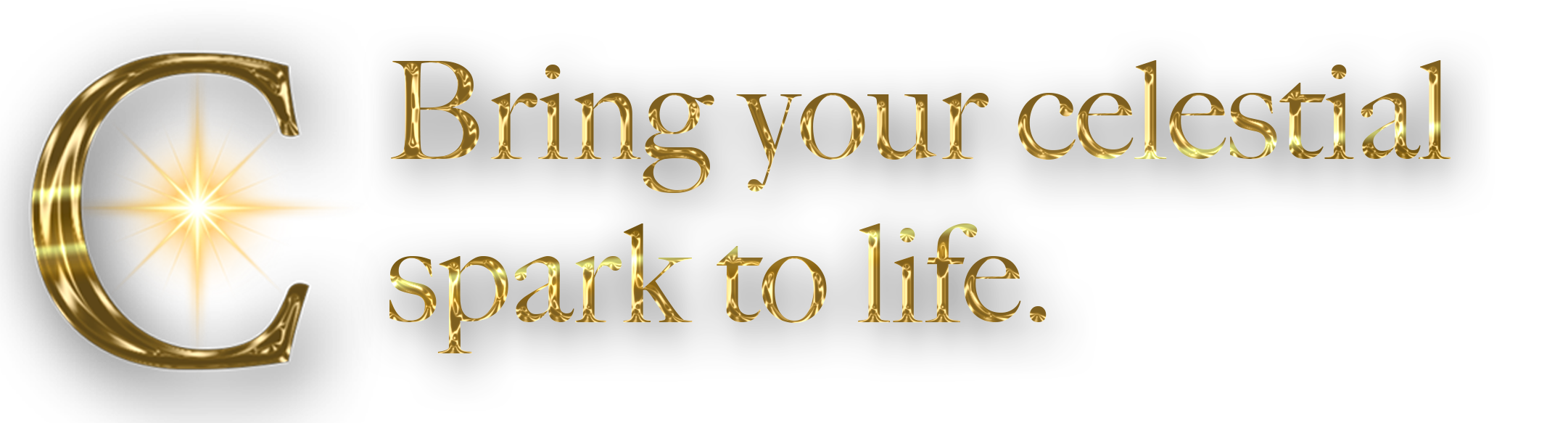 Gold text on black background reads "Bring your celestial spark to life" with a golden crescent moon and starburst design.