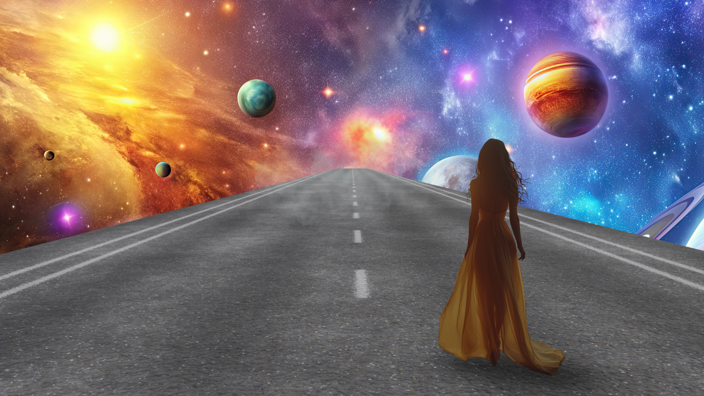 A woman in a flowing yellow dress stands on an empty road that appears to lead into outer space with colorful planets and stars in the background.