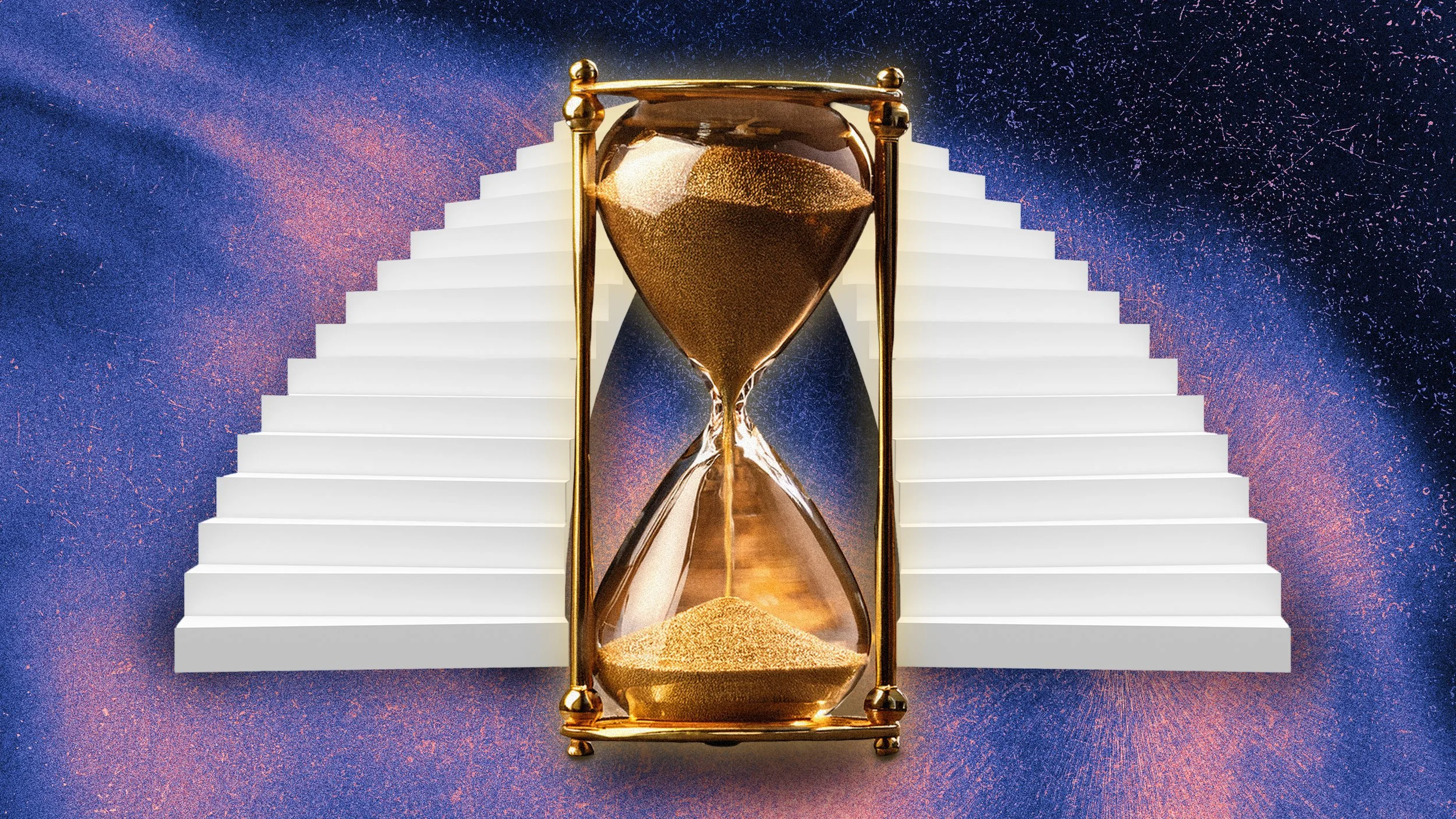 An hourglass with golden frame and sand, placed in front of white stairs on a textured blue and pink background.