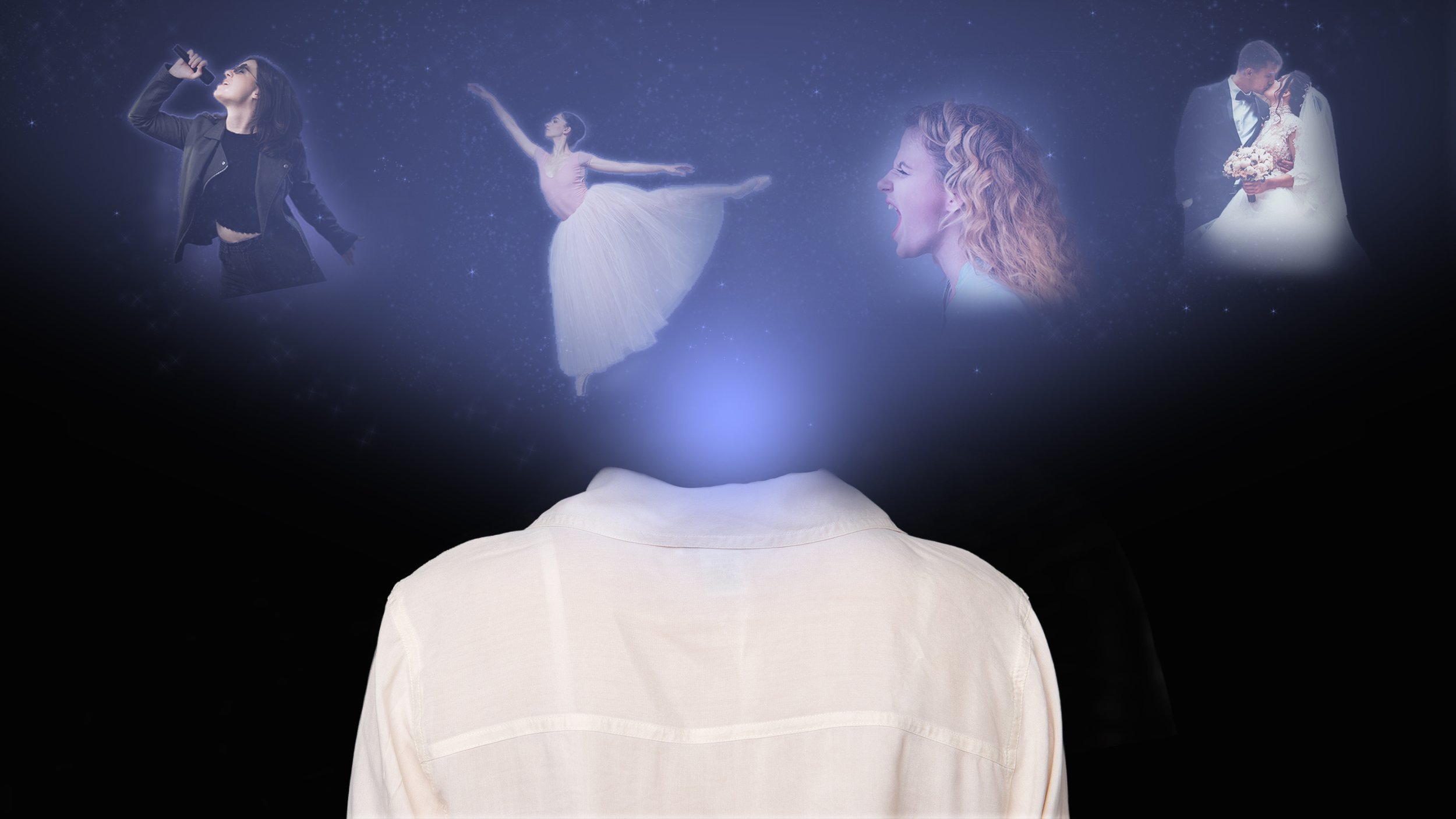 Person looking at a holographic display showing images of different women, including a singer, a ballet dancer, a woman vocalizing, and a bride and groom.