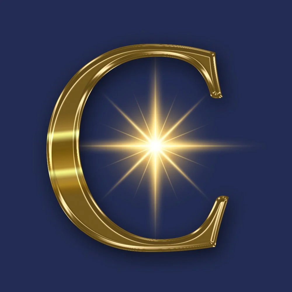 A gold letter C with a glowing starburst in the center against a dark background.