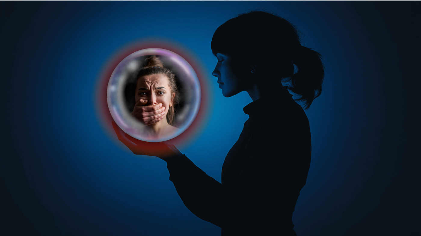 Silhouette of a woman looking at a holographic projection of a distressed woman with her hand covering her mouth.