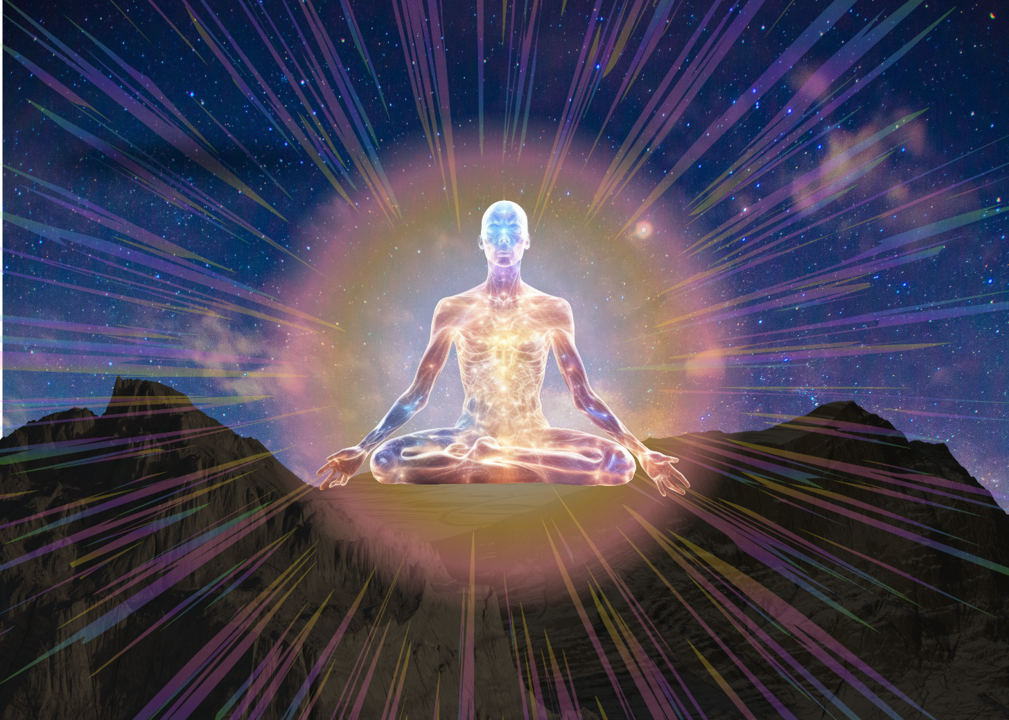 A digital illustration of a luminous, meditating human figure floating above mountain peaks under a starry sky, with radiant light and colorful streaks emanating outward.