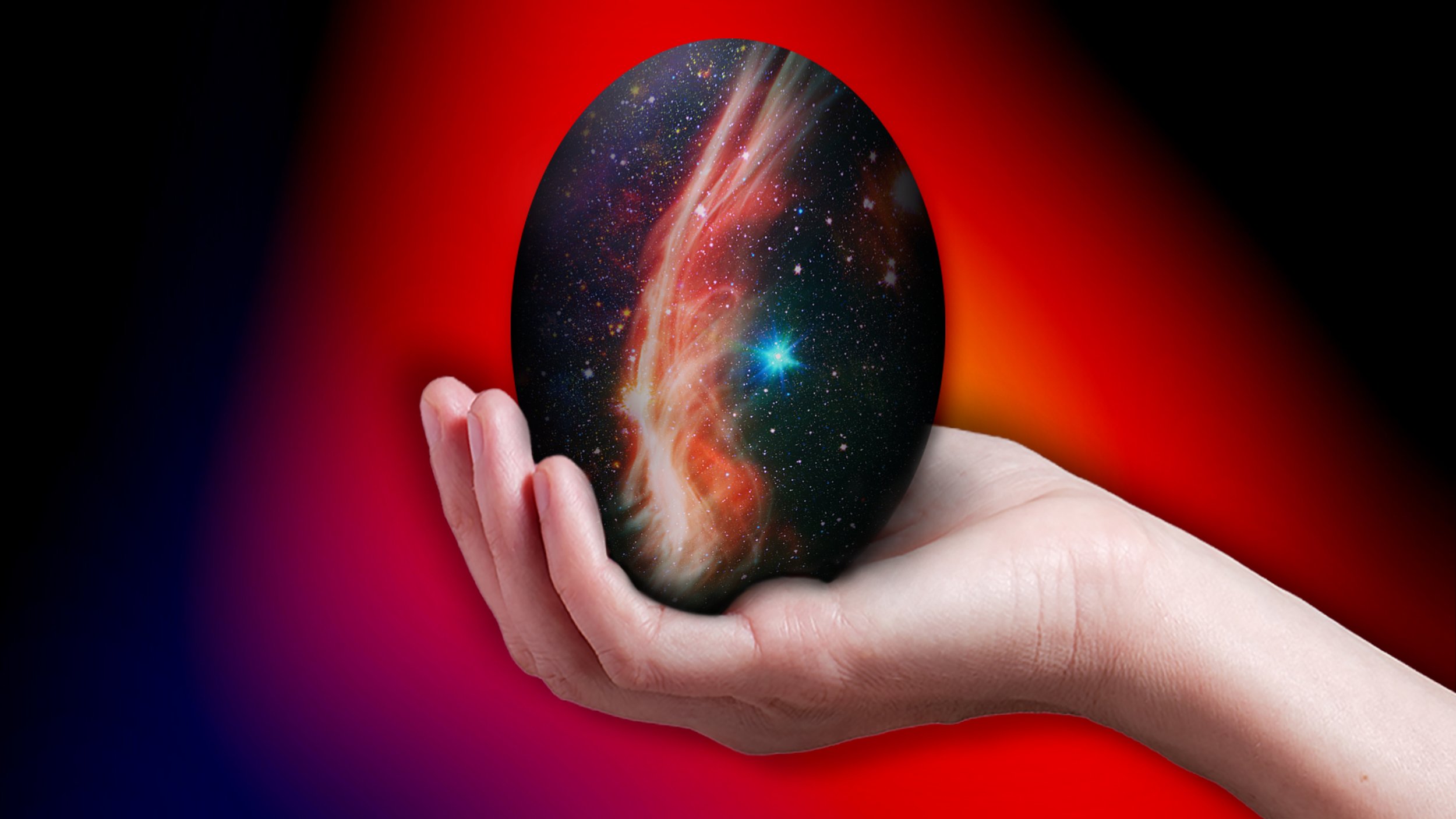 A hand holding an egg-shaped object with a galaxy and nebula pattern on its surface, set against a red and black gradient background.
