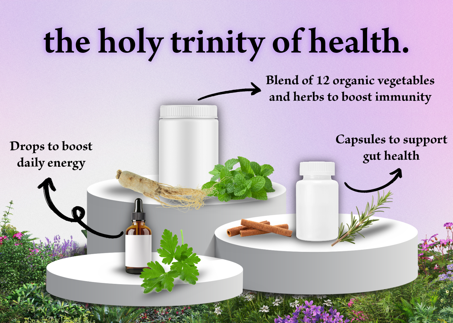 Infographic titled 'the holy trinity of health' featuring three health-related products on a three-tiered platform against a background of flowers. The first tier shows drops with text 'Drops to boost daily energy,' with an essential oil bottle and herbs. The second tier shows a white bottle with text 'Blend of 12 organic vegetables and herbs to boost immunity,' with a ginseng root and mint leaves. The third tier shows capsules with text 'Capsules to support gut health,' with cinnamon sticks and rosemary.
