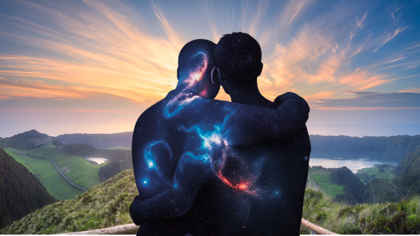 Silhouettes of two people embracing, filled with a galaxy pattern, against a mountain landscape at sunset.