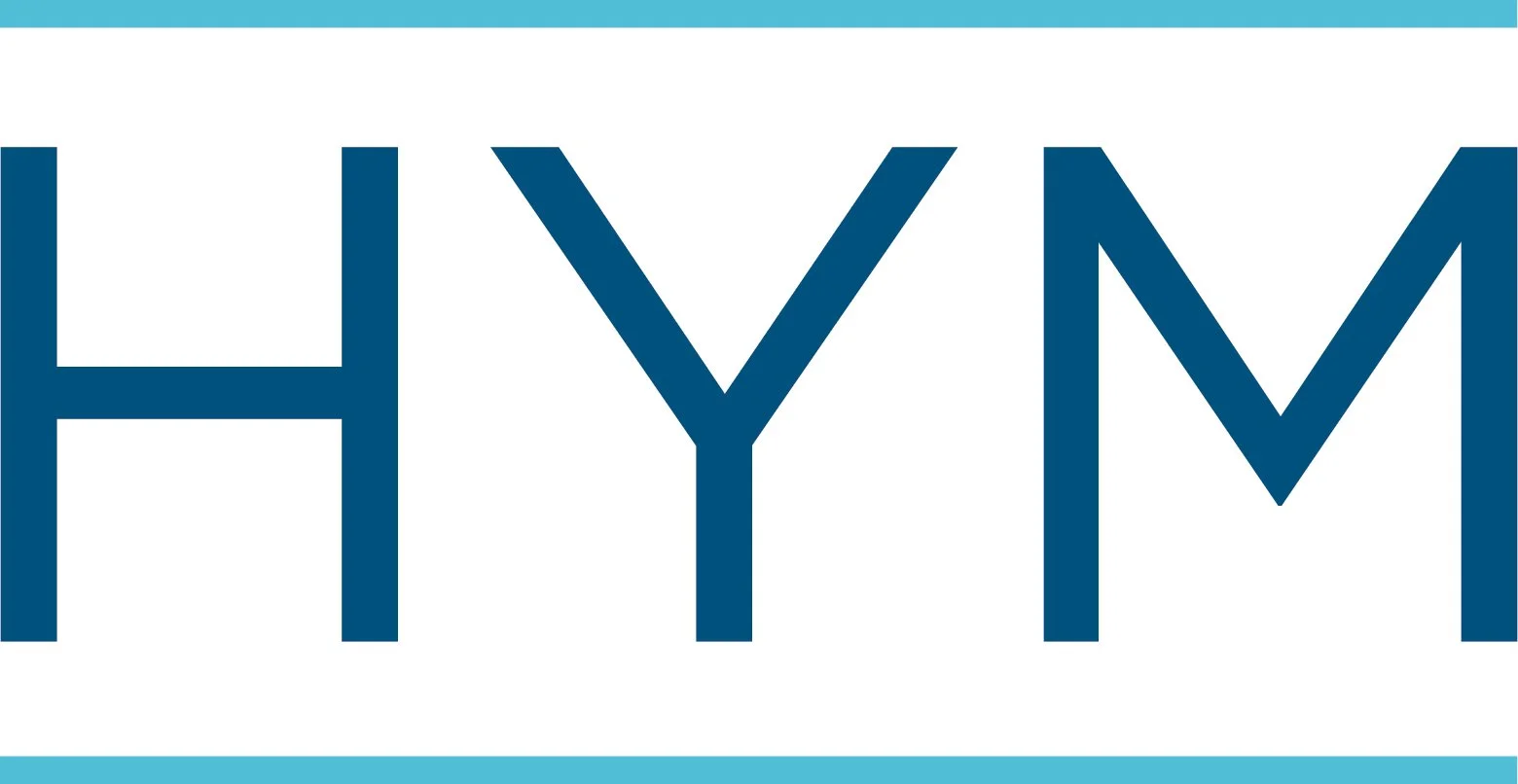 HYM logo in blue text on white background