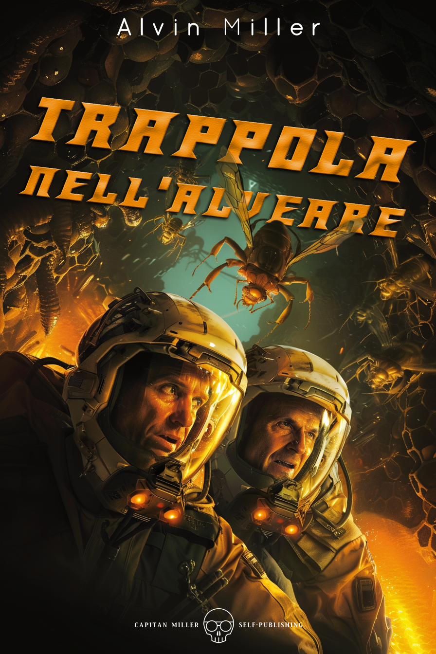Copertina di un libro con due astronauti in tute spaziali, in un ambiente sconosciuto, con insetti giganti intorno e testo in italiano 'Trapola nell'alveare'.