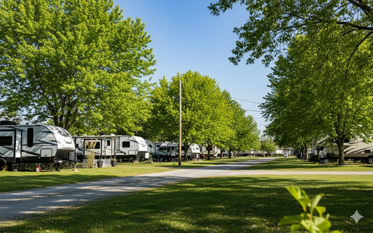 Campground with several RV trailers parked under green trees on a sunny day.