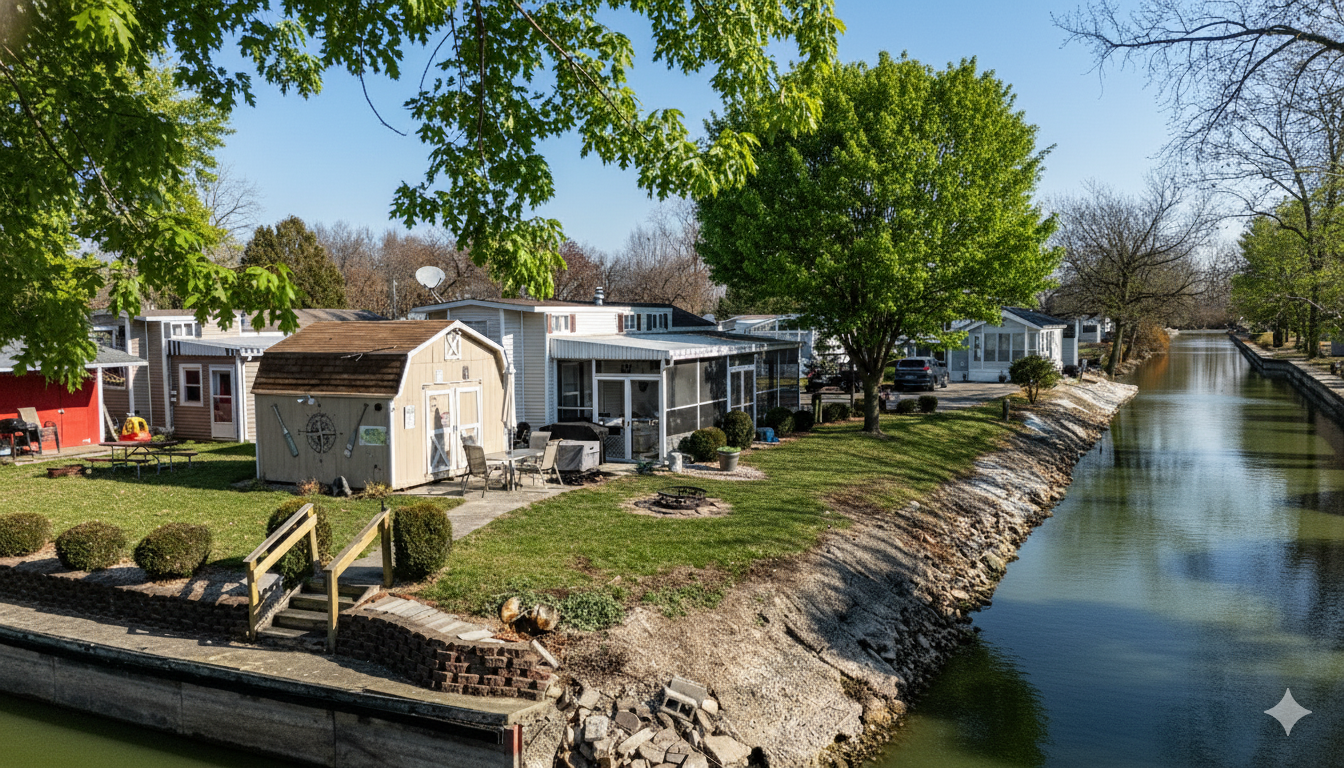 View of a backyard along a river, with a shed, chairs, picnic tables, a carport, and trees lining the property.