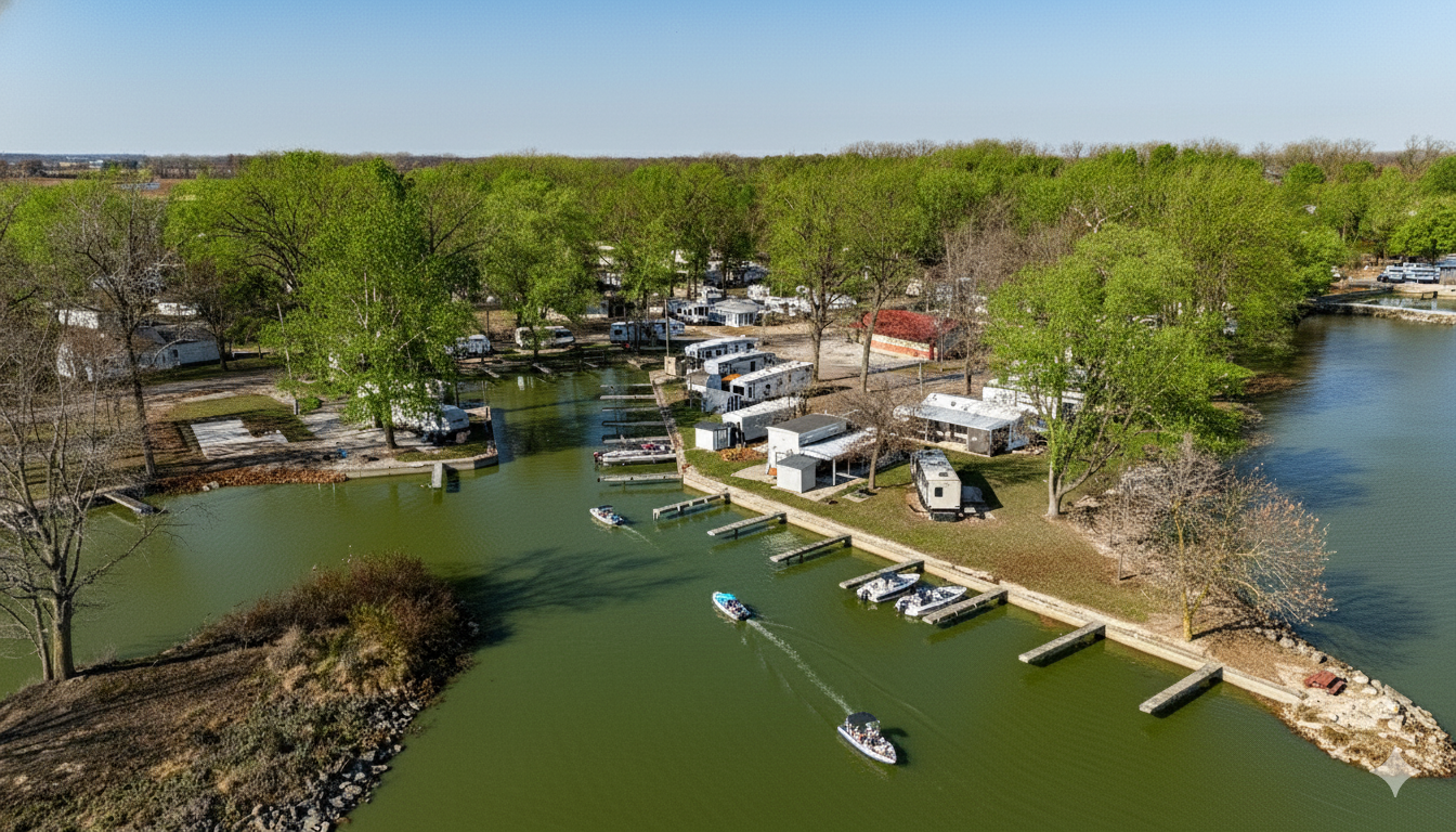 Aerial view of a marina with boats on a greenish body of water, surrounded by trees and residential buildings.