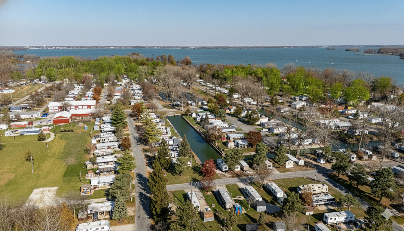Aerial view of a RV park near a large lake, with rows of RVs, trees, and a canal running through the park.