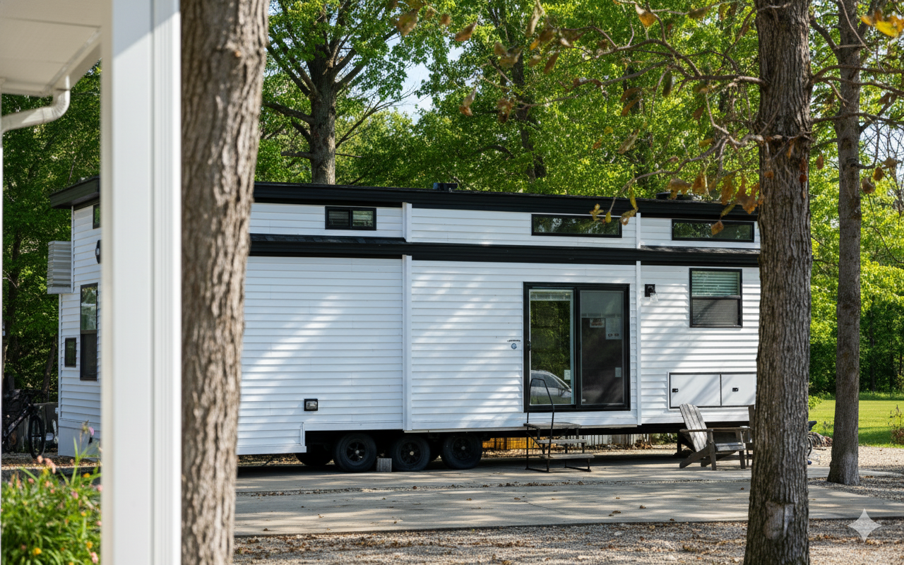 A modern tiny house on wheels with white siding, black trim, and several windows, situated in a wooded area with trees and a grassy background.