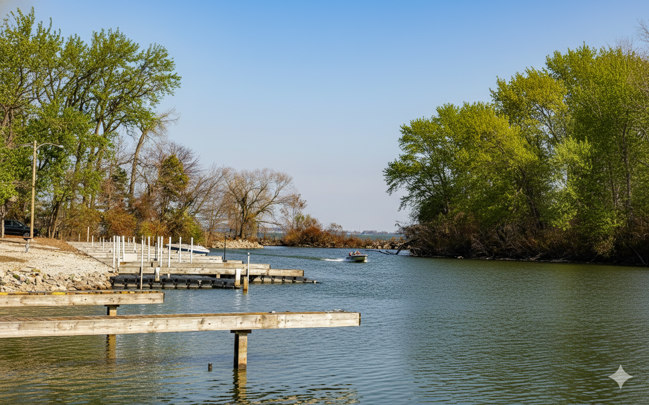 A peaceful river scene with wooden docks on the left, surrounded by trees with green leaves, and a boat cruising on the water under a clear blue sky.