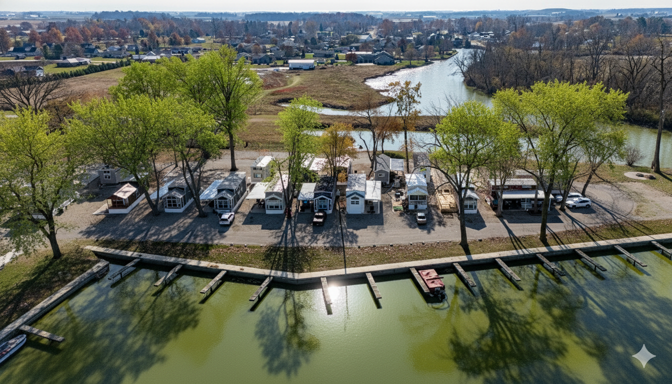 Aerial view of a row of small houses with trees in front, located along a waterway with docks, in a rural area with fields, trees, and additional houses in the background.