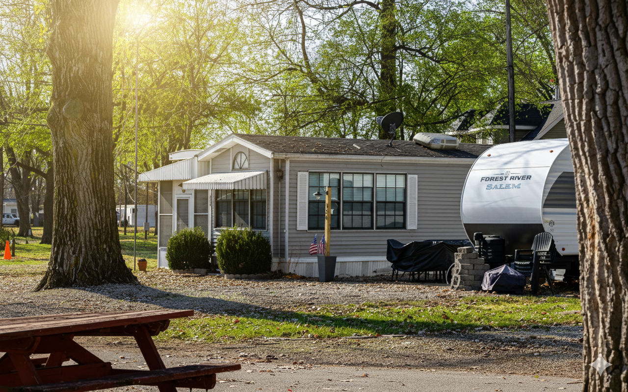 A mobile home in a wooded area with trees and green leaves, sunlight filtering through, a picnic table in the foreground, and various outdoor items near the home including a trailer, chair, and flags.