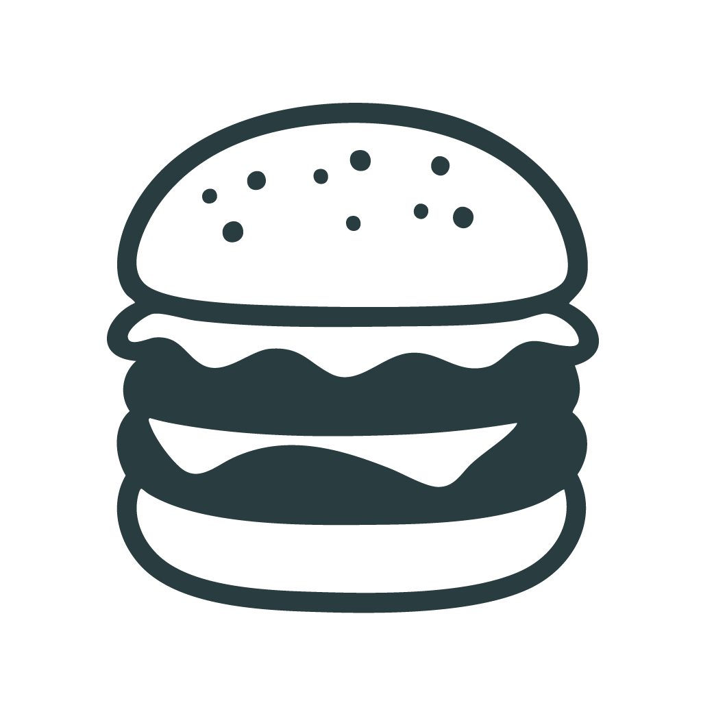Silhouette of a hamburger with lettuce, cheese, and sesame seed bun.
