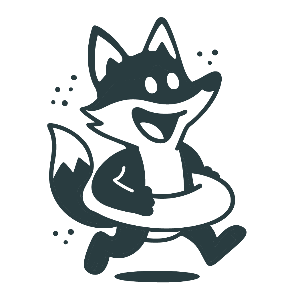 Cartoon fox character wearing a life jacket and floating on a pool float, smiling and waving, with bubbles around it.