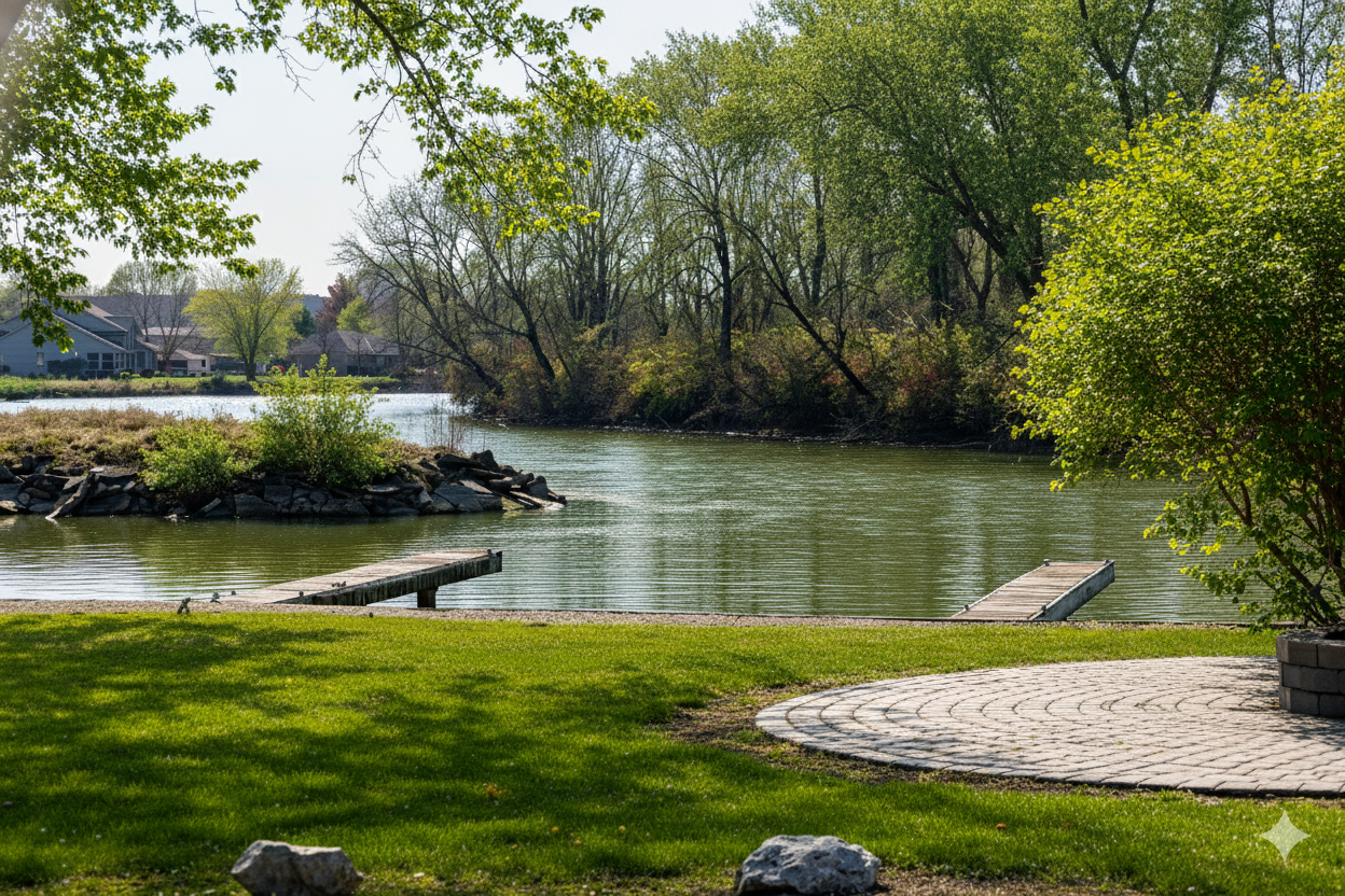 A peaceful lakeside scene with a grassy lawn, a small pier extending into the water, and trees with green foliage in spring.