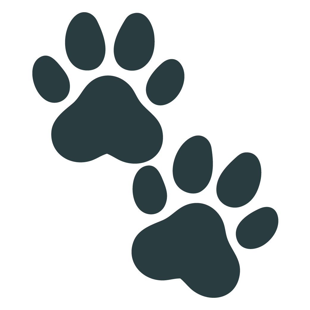 Two stylized black paw prints with white outlines, positioned diagonally.